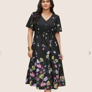 BloomChic Plus Size Floral Print Shirred Pocket Ruffle Sleeve Dress 4XL us26